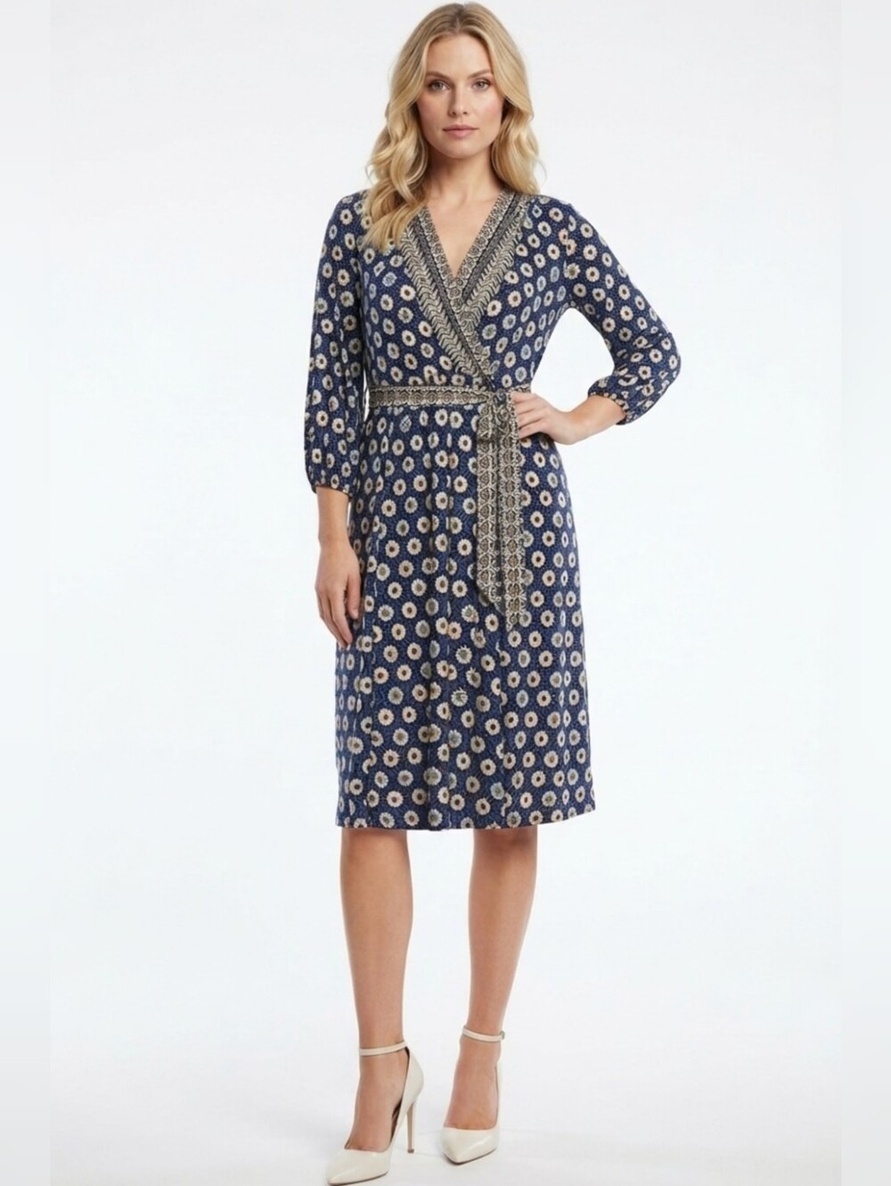 Sandra Darren Navy Floral Wrap Dress with Cream Accents